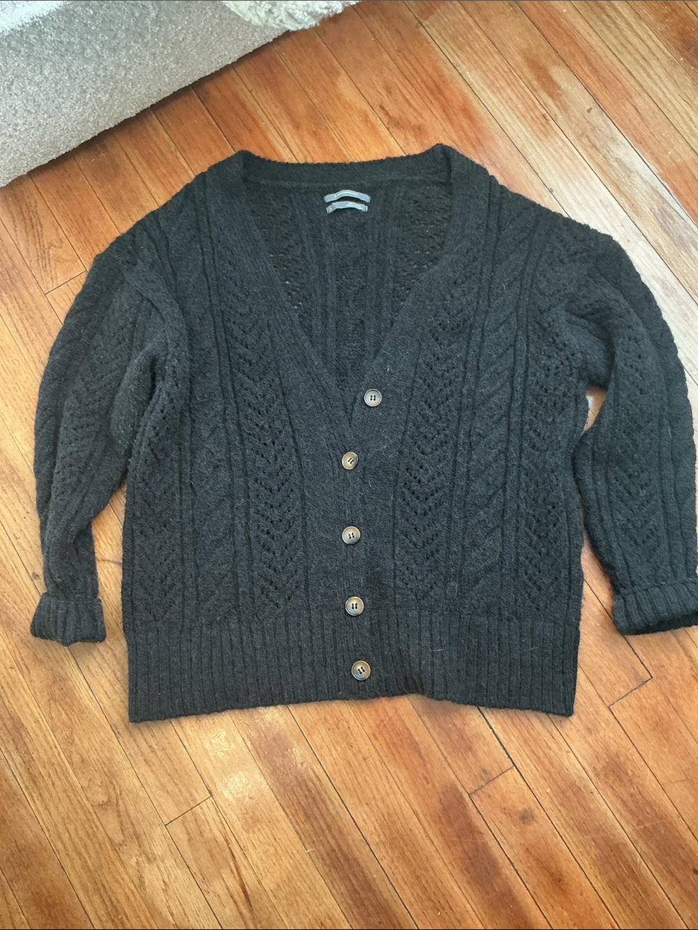 Anthropologie Black Cable Knit V-Neck Button Cardigan